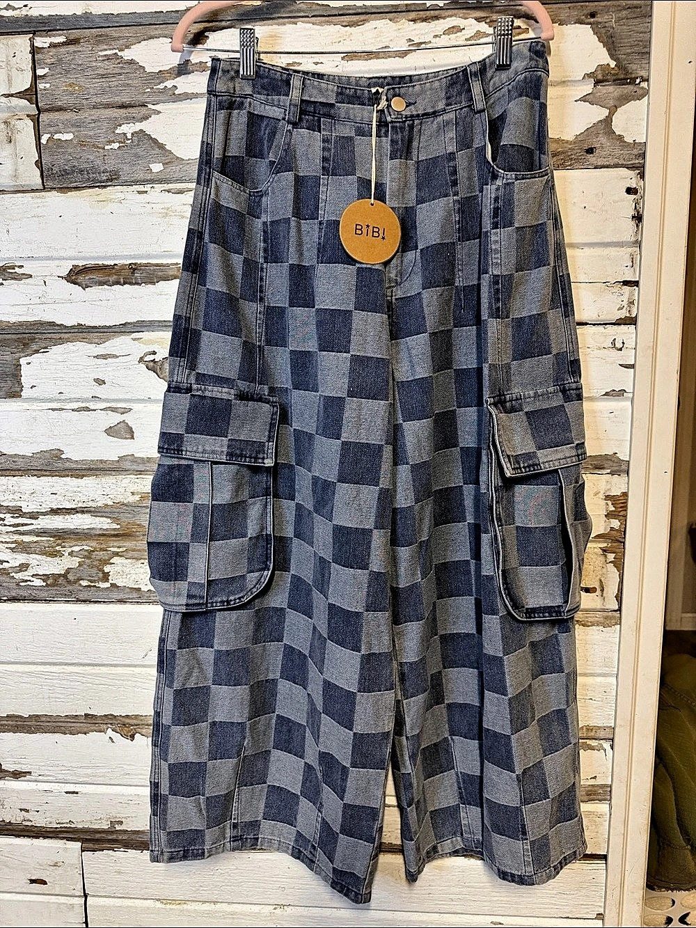 BIBI Cargo Pockets Washed Checker Denim Pants Barrel Leg Checkered Denim (045